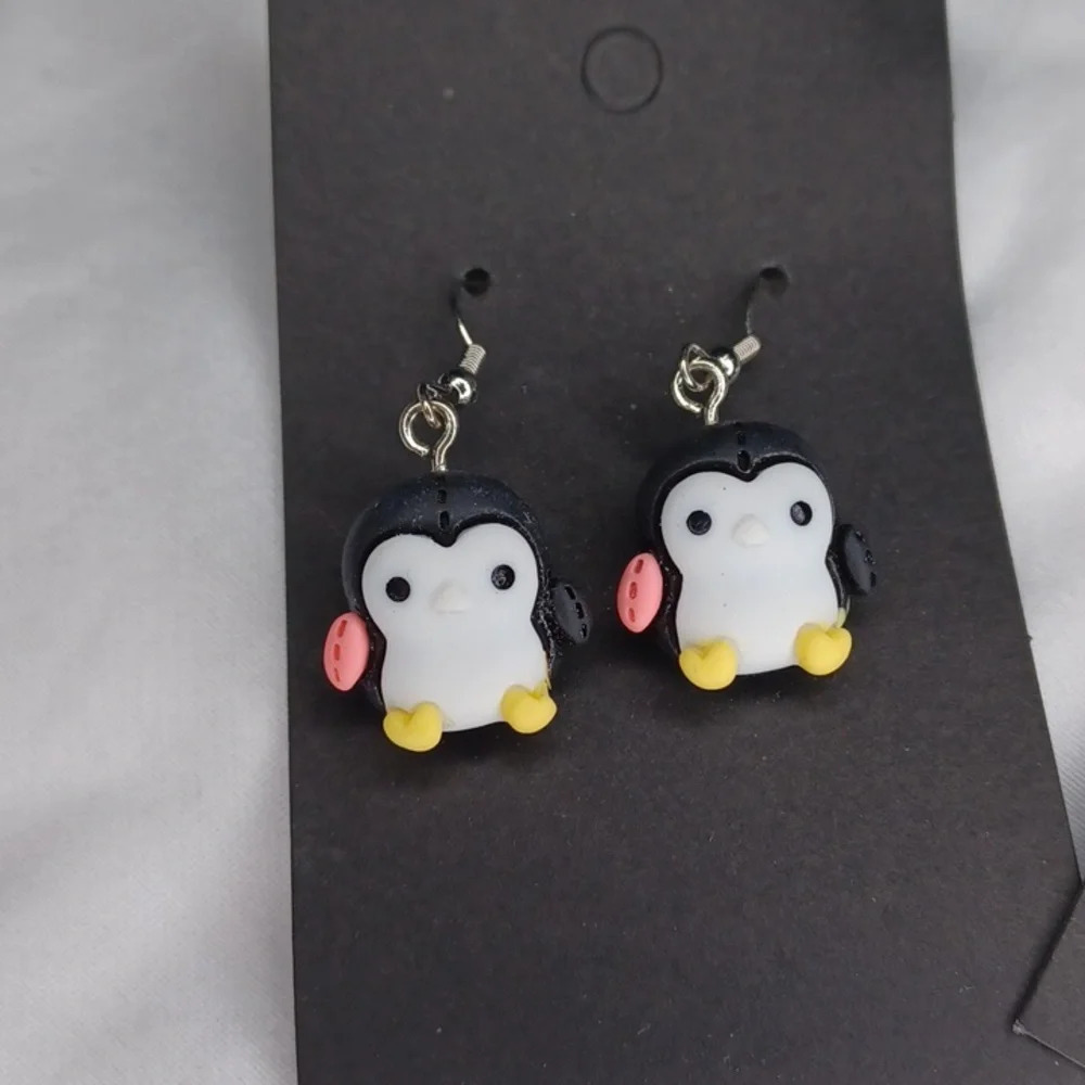 Handmade penguin and fish in a bag earrings - Picture 2 of 4